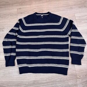Lands End Drifter Mens XL Navy Blue White Striped Shaker Knit Cotton Sweater